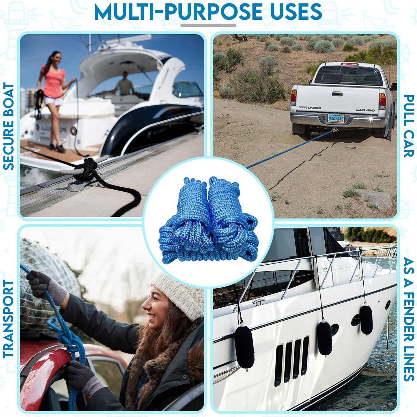 4-Pack Premium Dock Lines – Heavy Duty for Boats, Jet Skis, and Pontoons (1/2"x15')