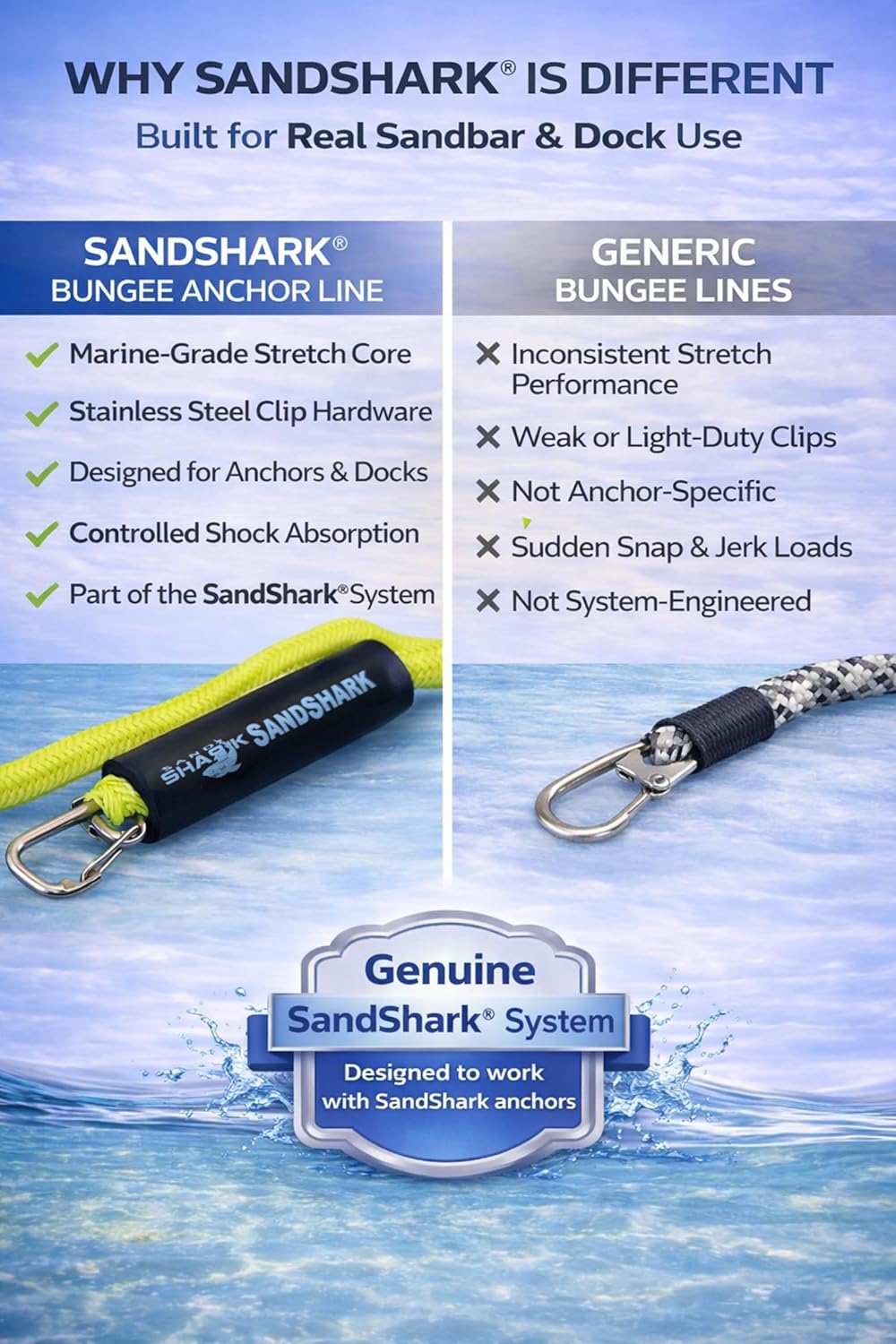 7-14ft Bungee Dock Line, Anchor Line, by Sandshark – Perfect Docking Solution for Boats & Jet Skis