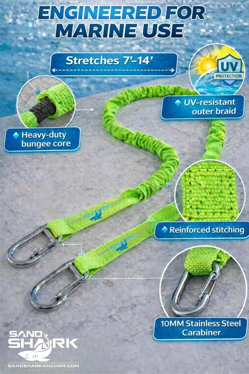 SandShark Premium Flat Bungee Anchor Line – Stretches 7-14