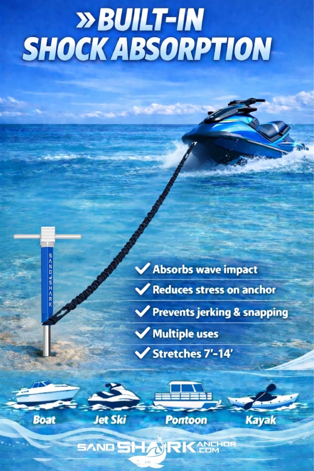 SandShark Premium Flat Bungee Anchor Line – Stretches 7-14