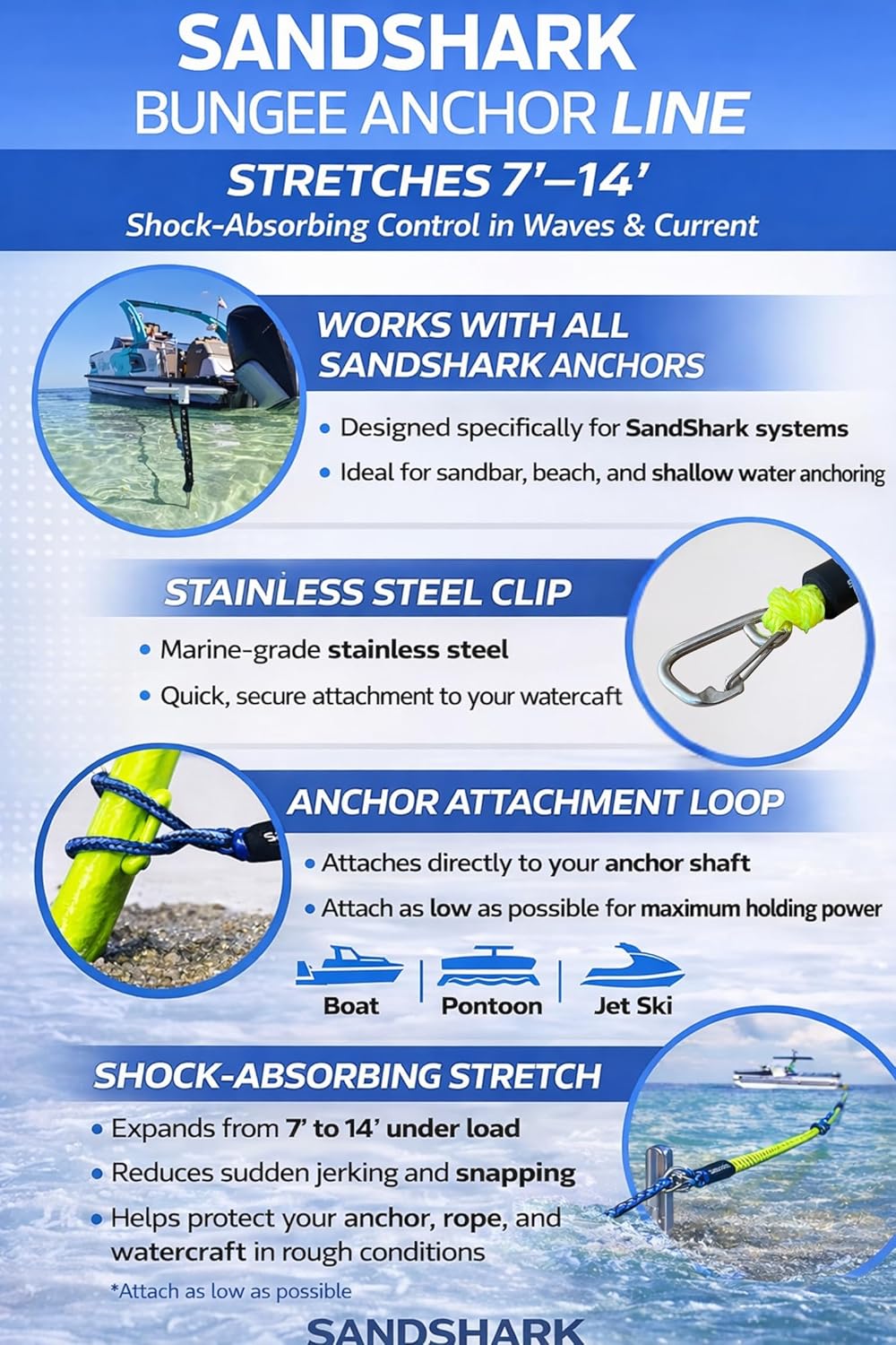 7-14ft Bungee Dock Line, Anchor Line, by Sandshark – Perfect Docking Solution for Boats & Jet Skis