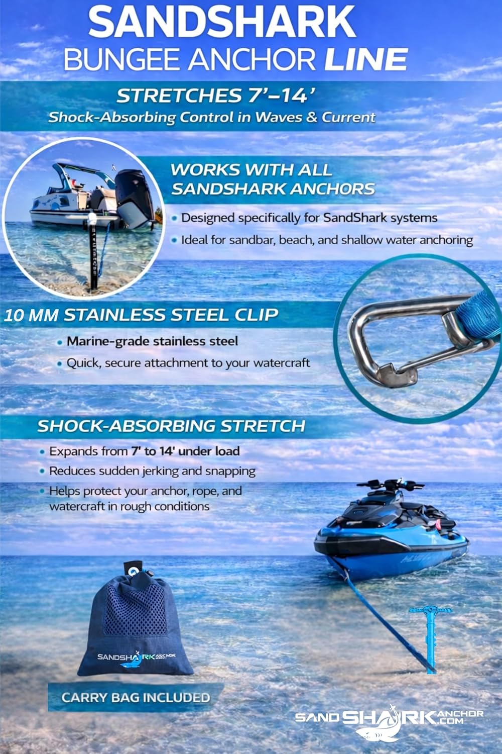 SandShark Premium Flat Bungee Anchor Line – Stretches 7-14