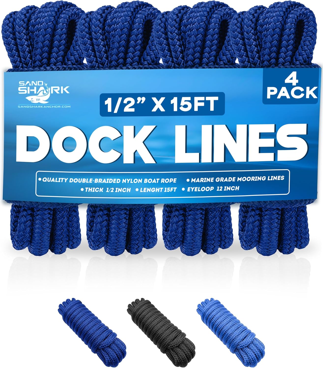 4-Pack Premium Dock Lines – Heavy Duty for Boats, Jet Skis, and Pontoons (1/2"x15')