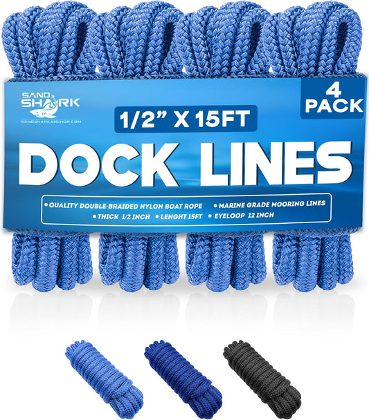4-Pack Premium Dock Lines – Heavy Duty for Boats, Jet Skis, and Pontoons (1/2"x15')