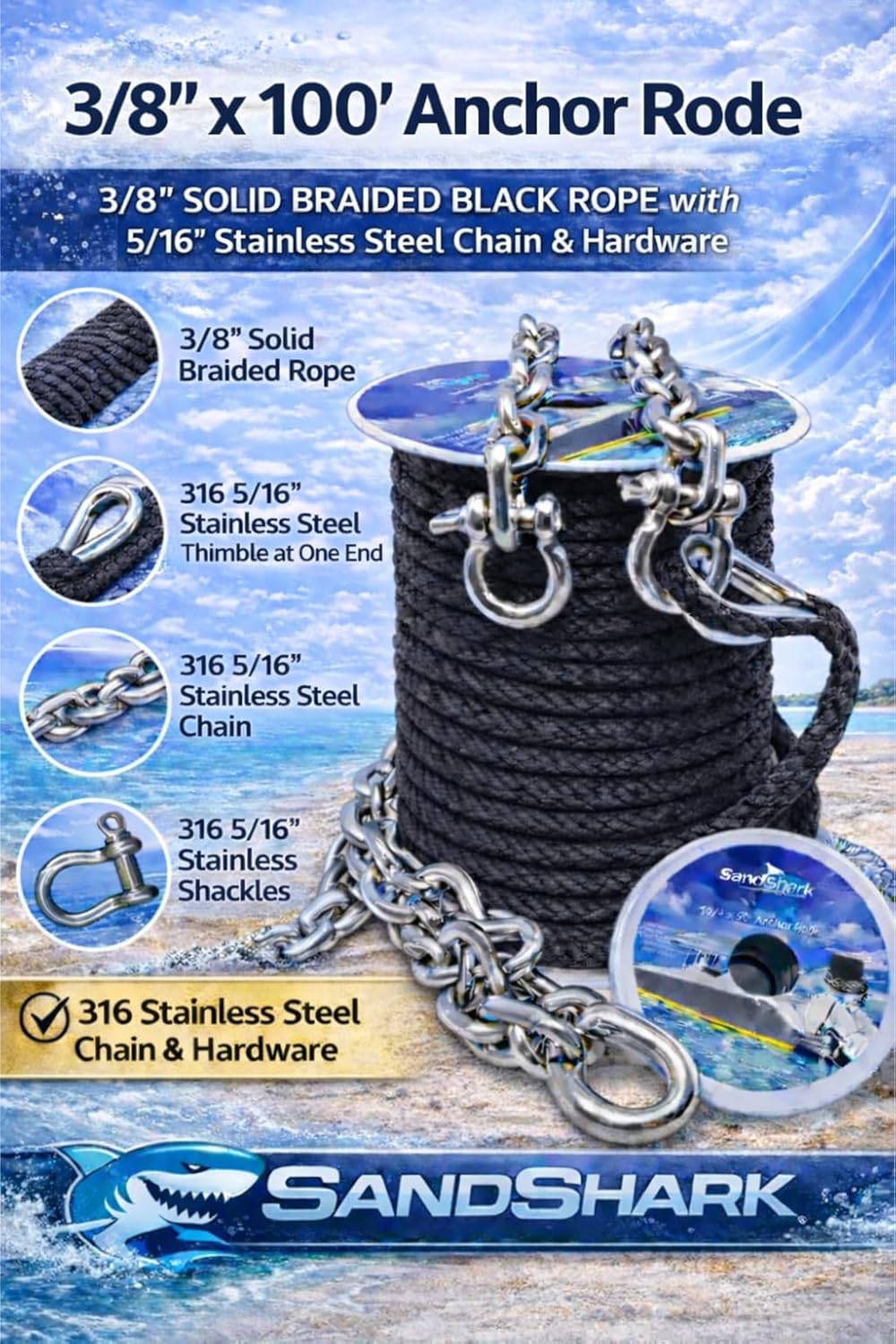 SandShark 100ft Solid Braid 3/8 Anchor Line, 5ft Stainless Steel Anchor Chain, All in One line and Chain Bundle, Works with All Anchors