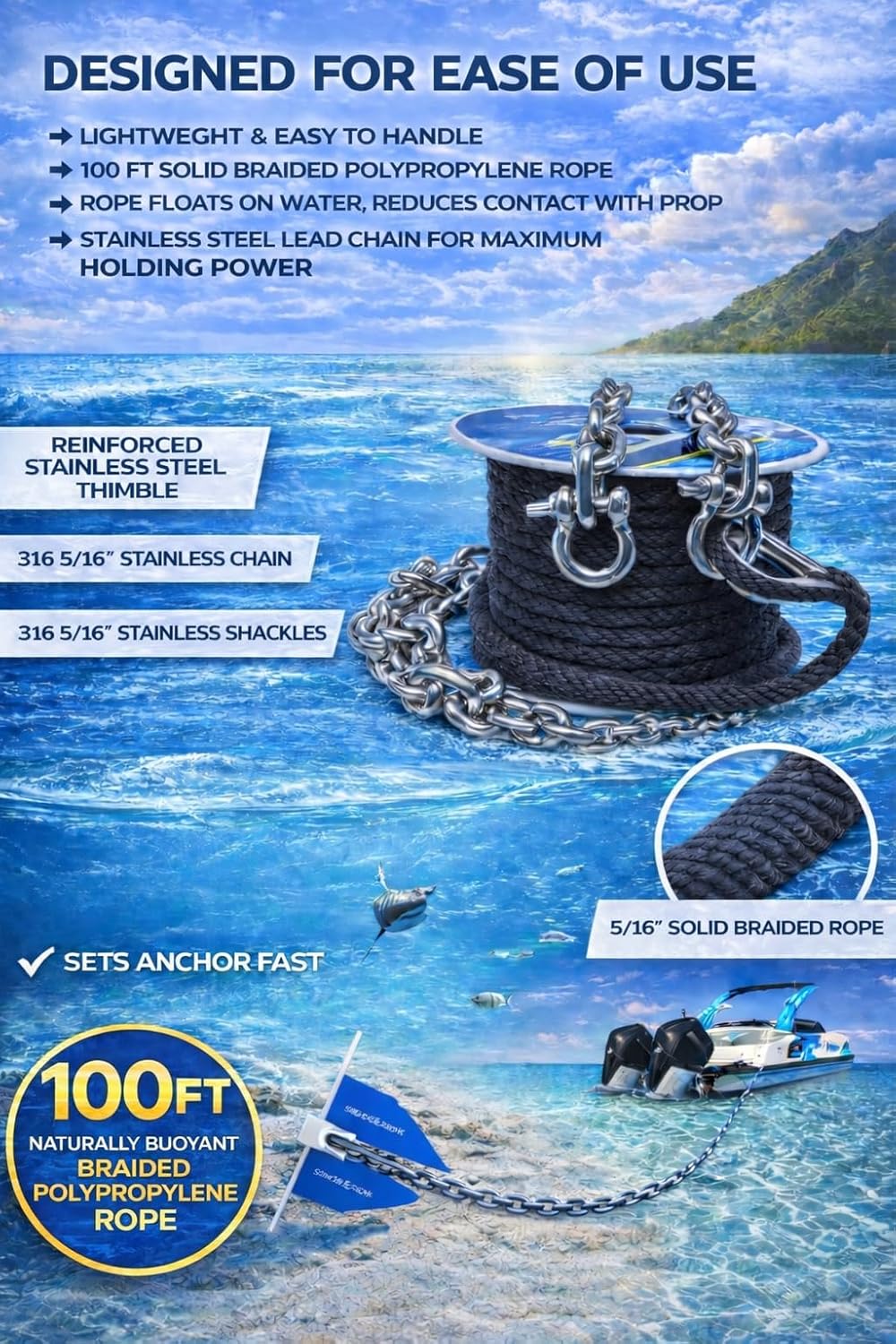 SandShark 100ft Solid Braid 3/8 Anchor Line, 5ft Stainless Steel Anchor Chain, All in One line and Chain Bundle, Works with All Anchors