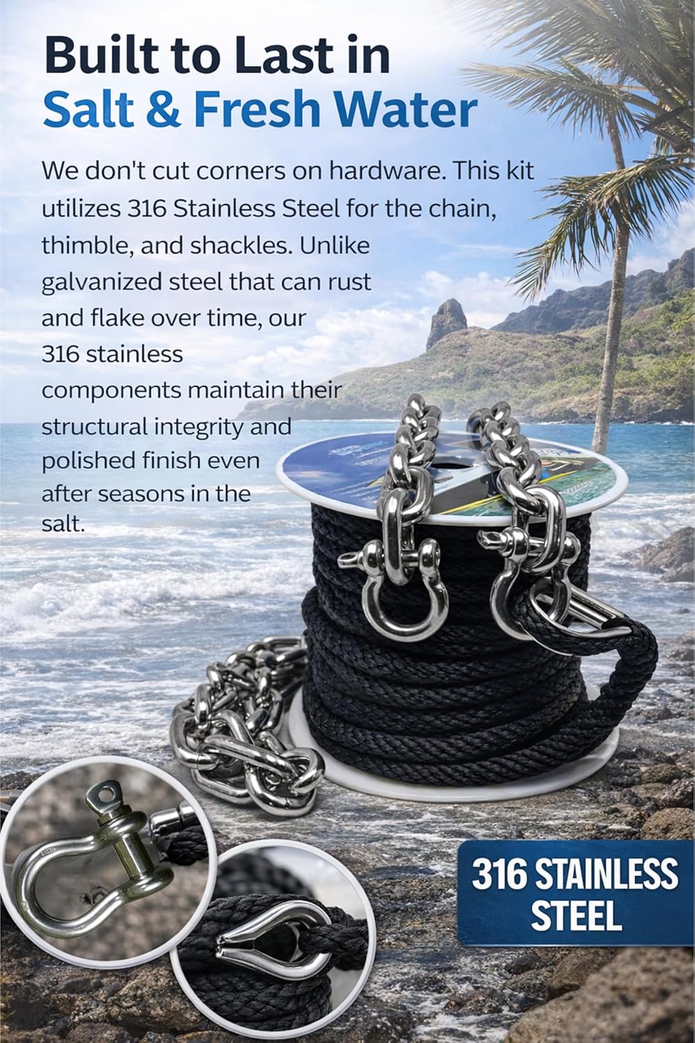 SandShark 100ft Solid Braid 3/8 Anchor Line, 5ft Stainless Steel Anchor Chain, All in One line and Chain Bundle, Works with All Anchors