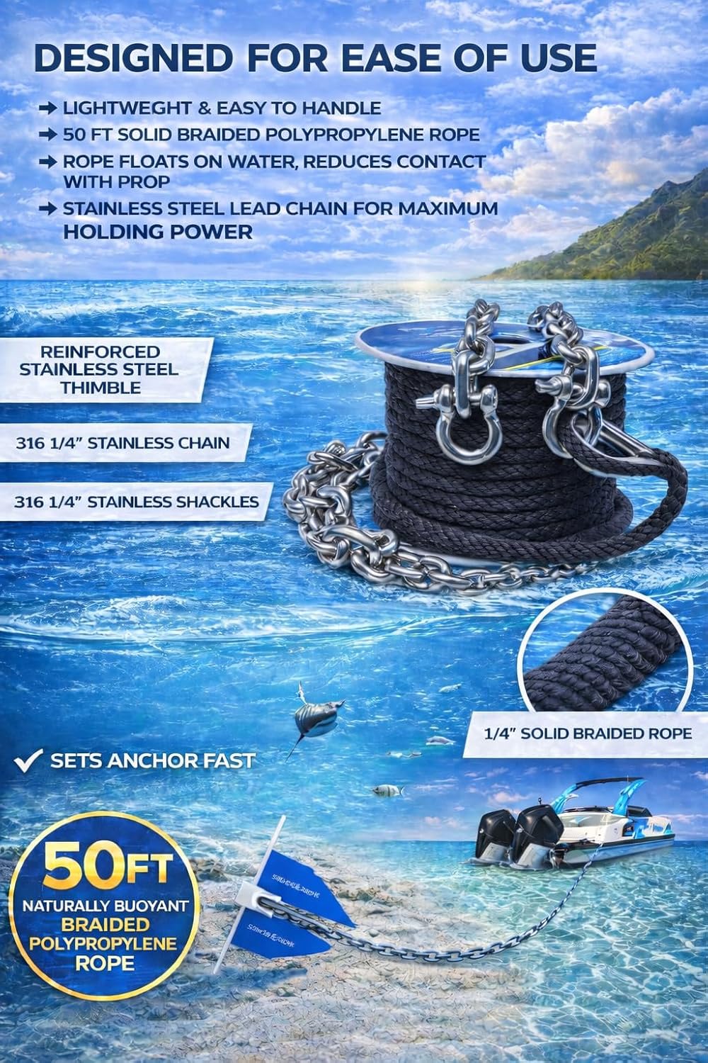 SandShark 50ft x 1/4in Solid Braid Anchor Line, 5ft Stainless Steel Anchor Chain, All in One line and Chain Bundle, Works with All Anchors and Boats.