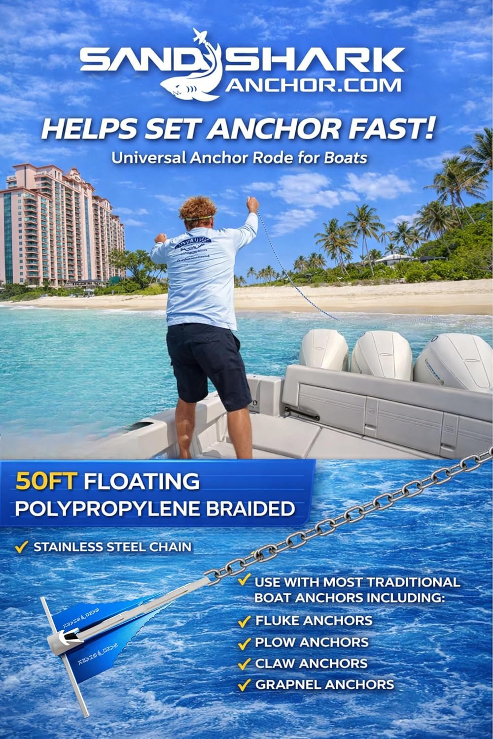 SandShark 50ft x 1/4in Solid Braid Anchor Line, 5ft Stainless Steel Anchor Chain, All in One line and Chain Bundle, Works with All Anchors and Boats.