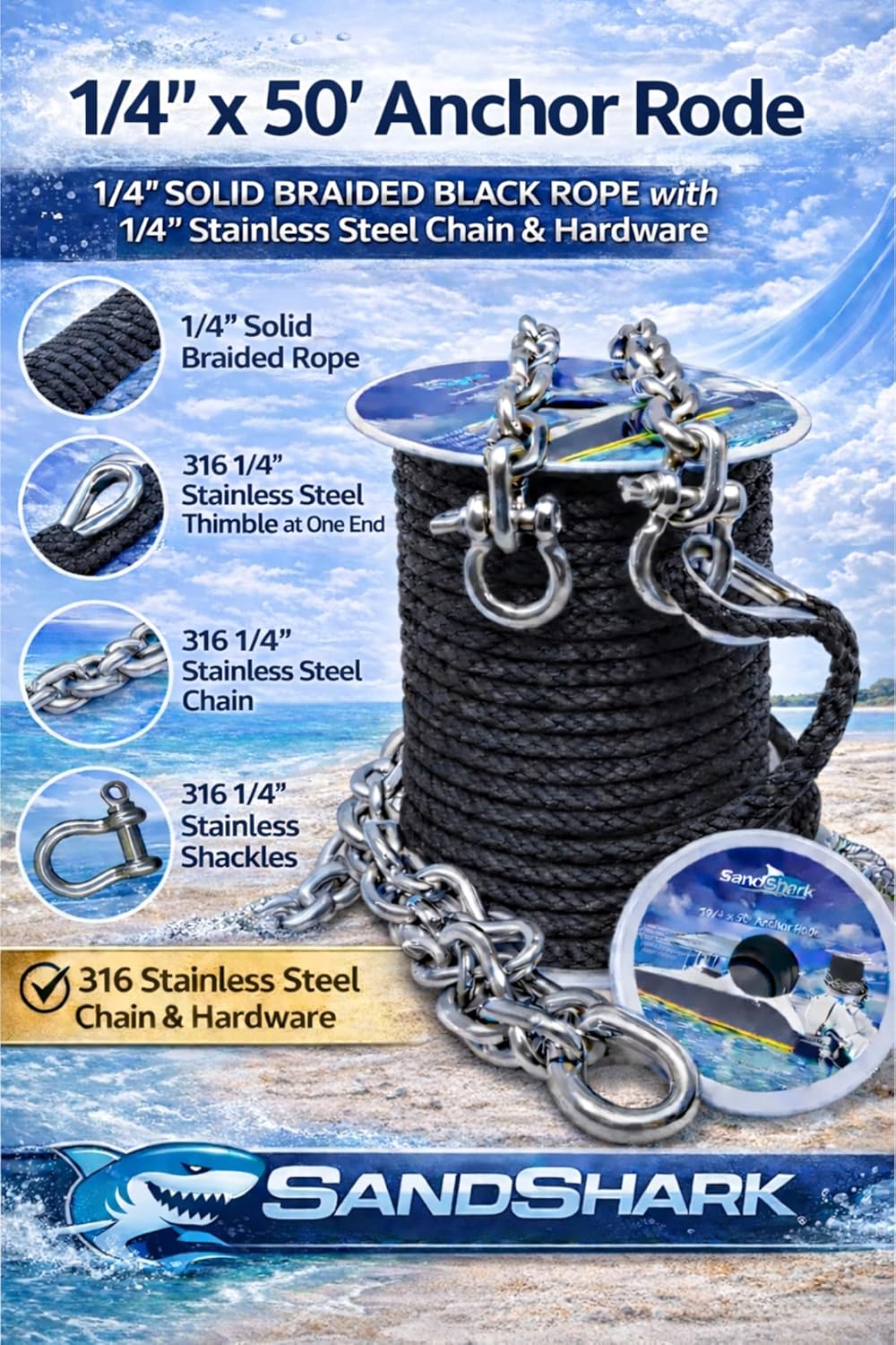 SandShark 50ft x 1/4in Solid Braid Anchor Line, 5ft Stainless Steel Anchor Chain, All in One line and Chain Bundle, Works with All Anchors and Boats.