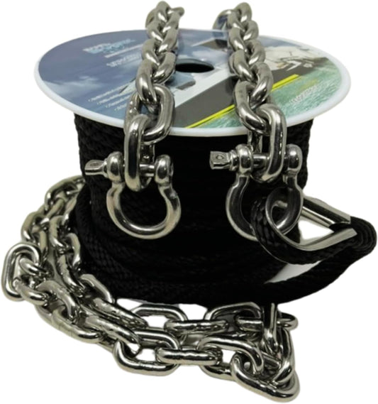 SandShark 100ft Solid Braid 3/8 Anchor Line, 5ft Stainless Steel Anchor Chain, All in One line and Chain Bundle, Works with All Anchors