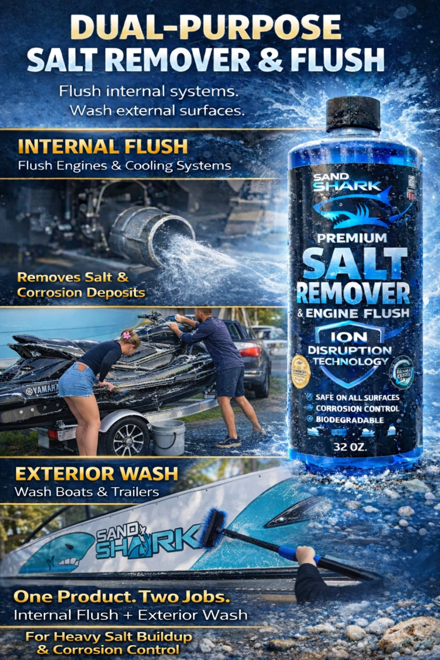 SandShark 2-in-1 Salt Remover & Engine Flush Boat Cleaner – pH-Balanced Formula for Exterior Washing & Engine Flushing, Multi-Surface Marine & Powersports Cleaner, 32 oz