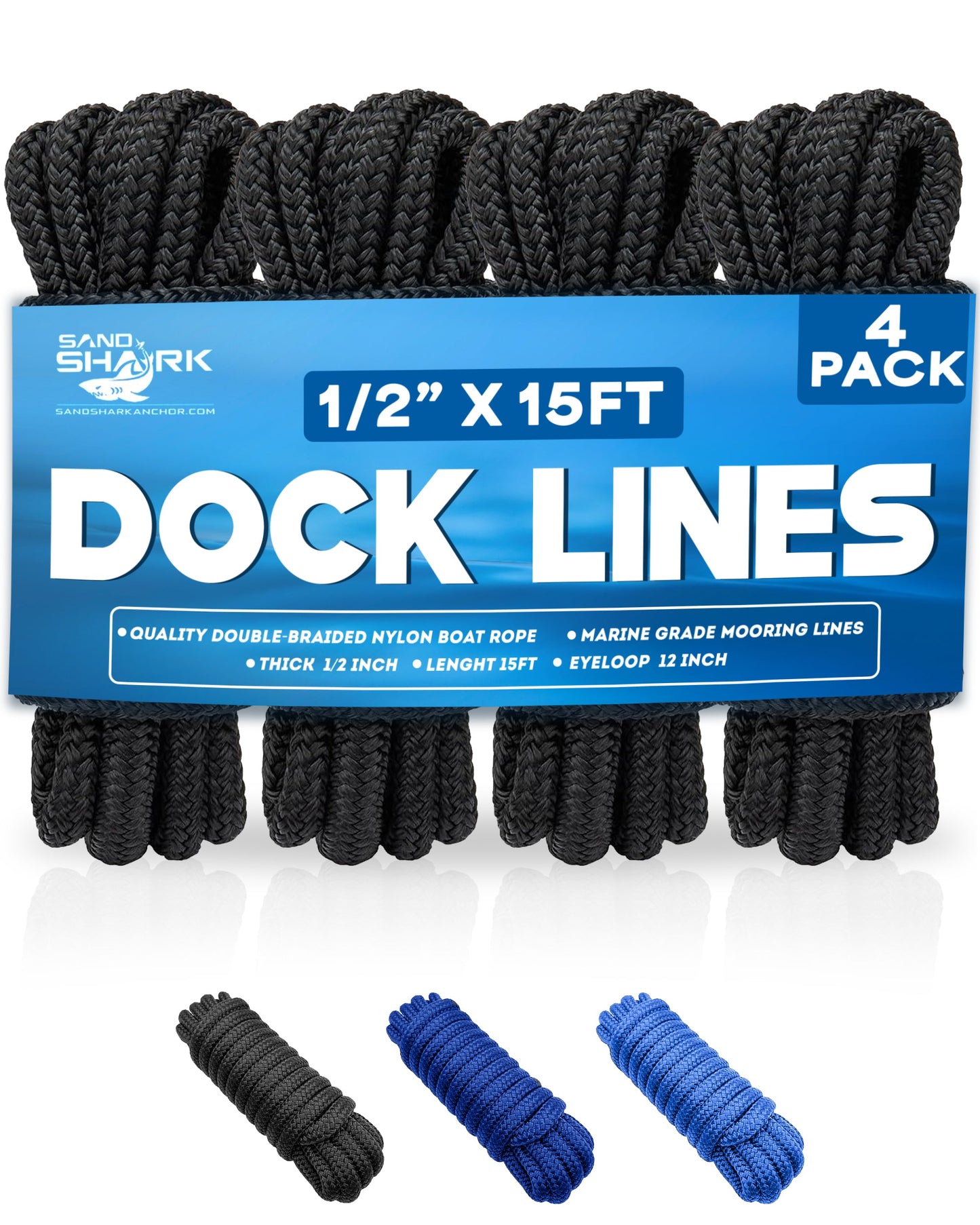 4-Pack Premium Dock Lines – Heavy Duty for Boats, Jet Skis, and Pontoons (1/2"x15')